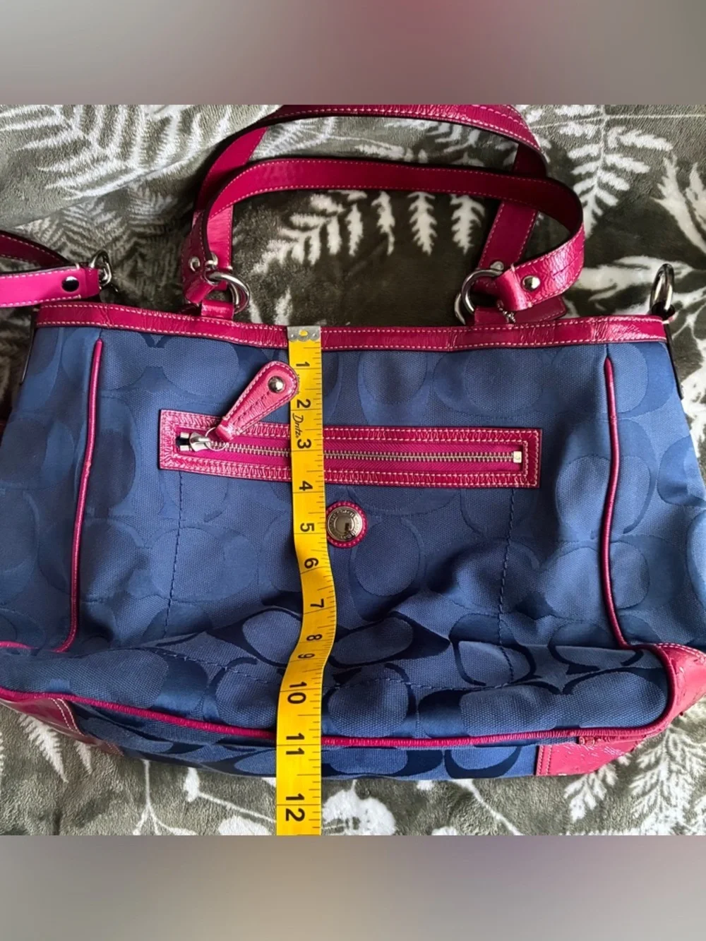 Coach Navy Signature shoulder Bag with Pink Leather Trim